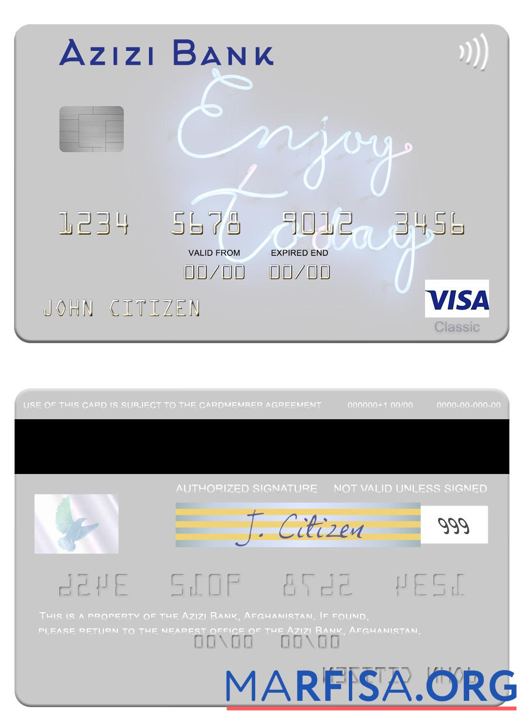 Printable Afghanistan Azizi Bank visa card sample